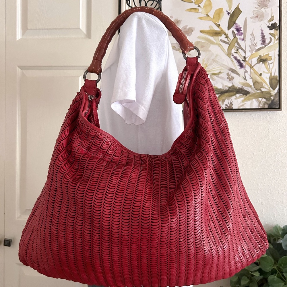 Reptile’s House Pomegranate Red Distressed Leather Woven Tote Bag Italy NWT$523